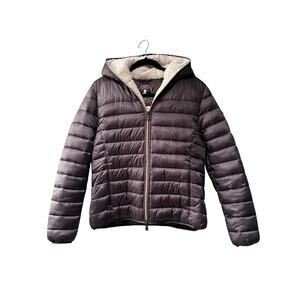 Save The Duck Elvira Hooded Puffer Jacket Purple Smoke Sherpa Lined Size L